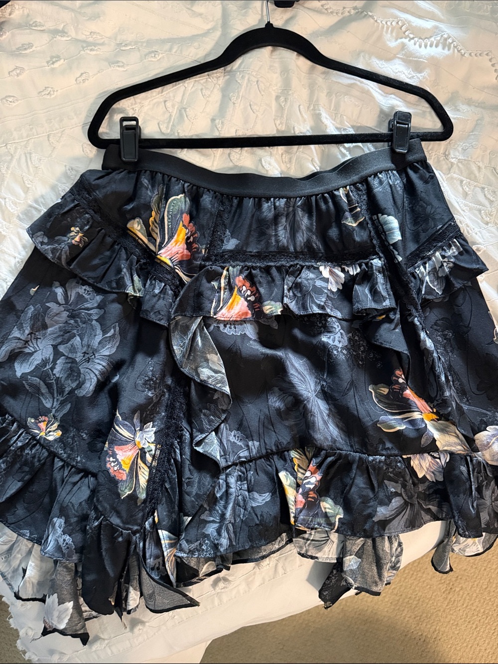 All Saints Black Floral Ruffle Skirt